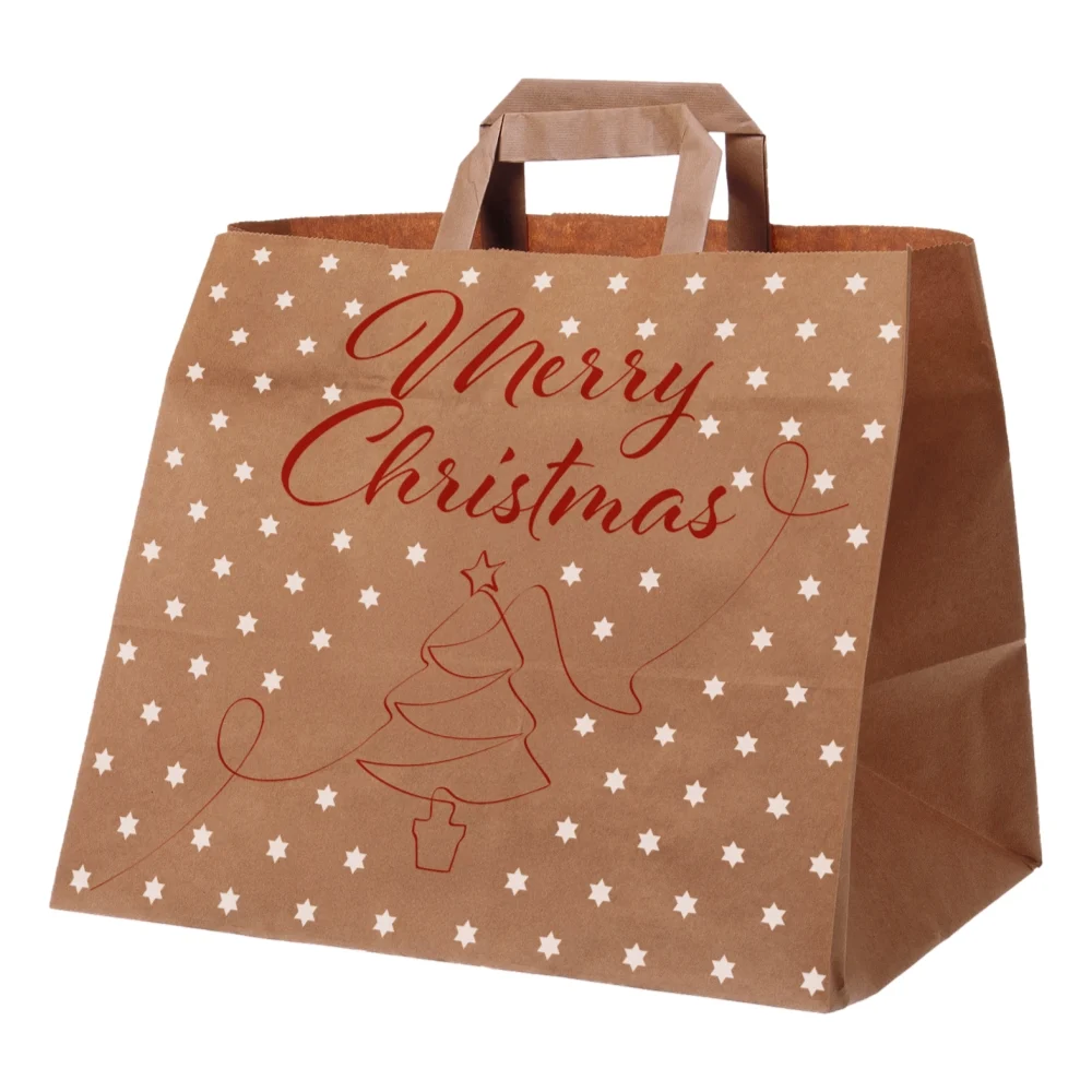 Papiertragetaschen „Merry Christmas“ | Papier | 32+22x27cm | braun