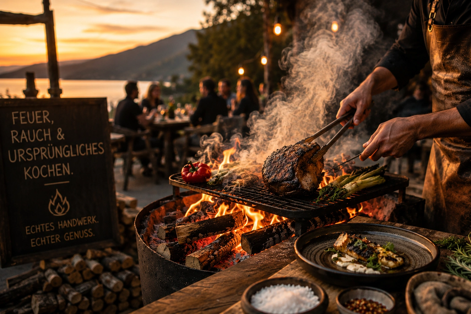 Grillen mit Feuer in der Außengastronomie