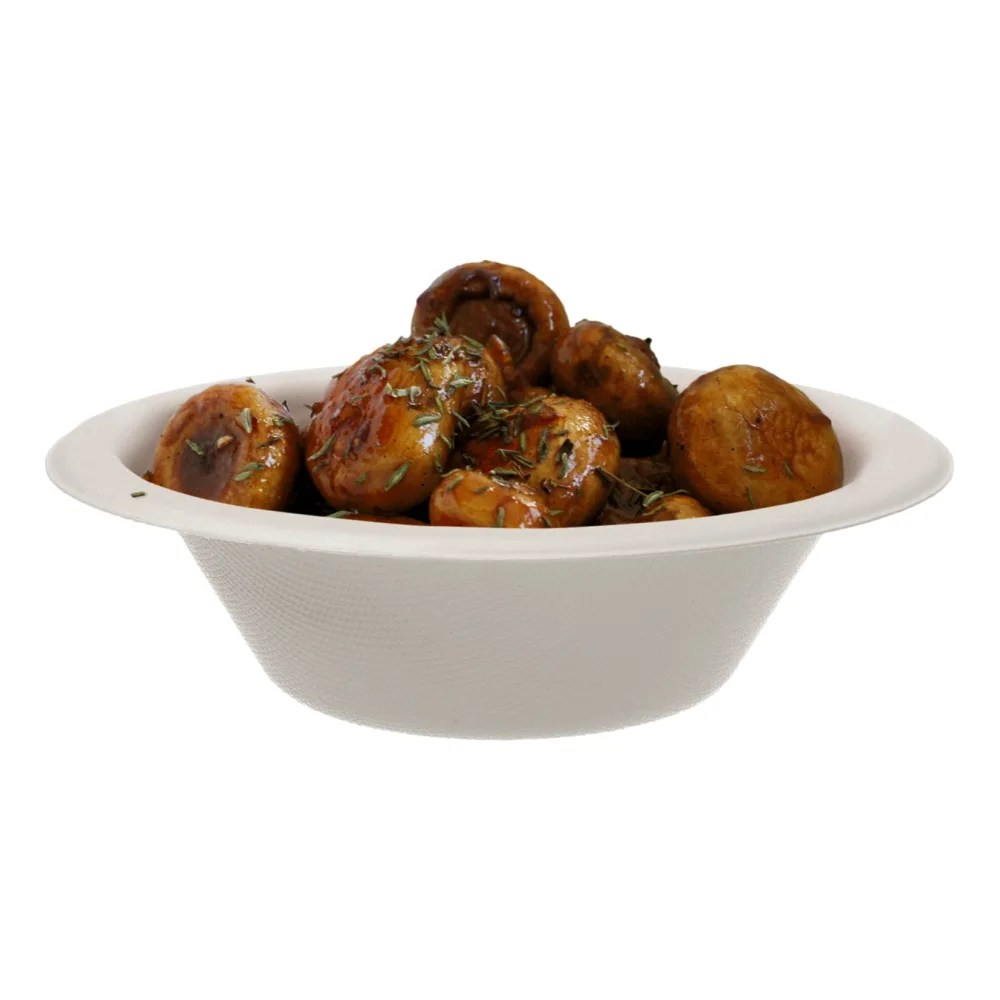 Bagasse-/Zuckerrohrschalen | rund | 200ml | naturweiß  - mit Champignons gefüllt
