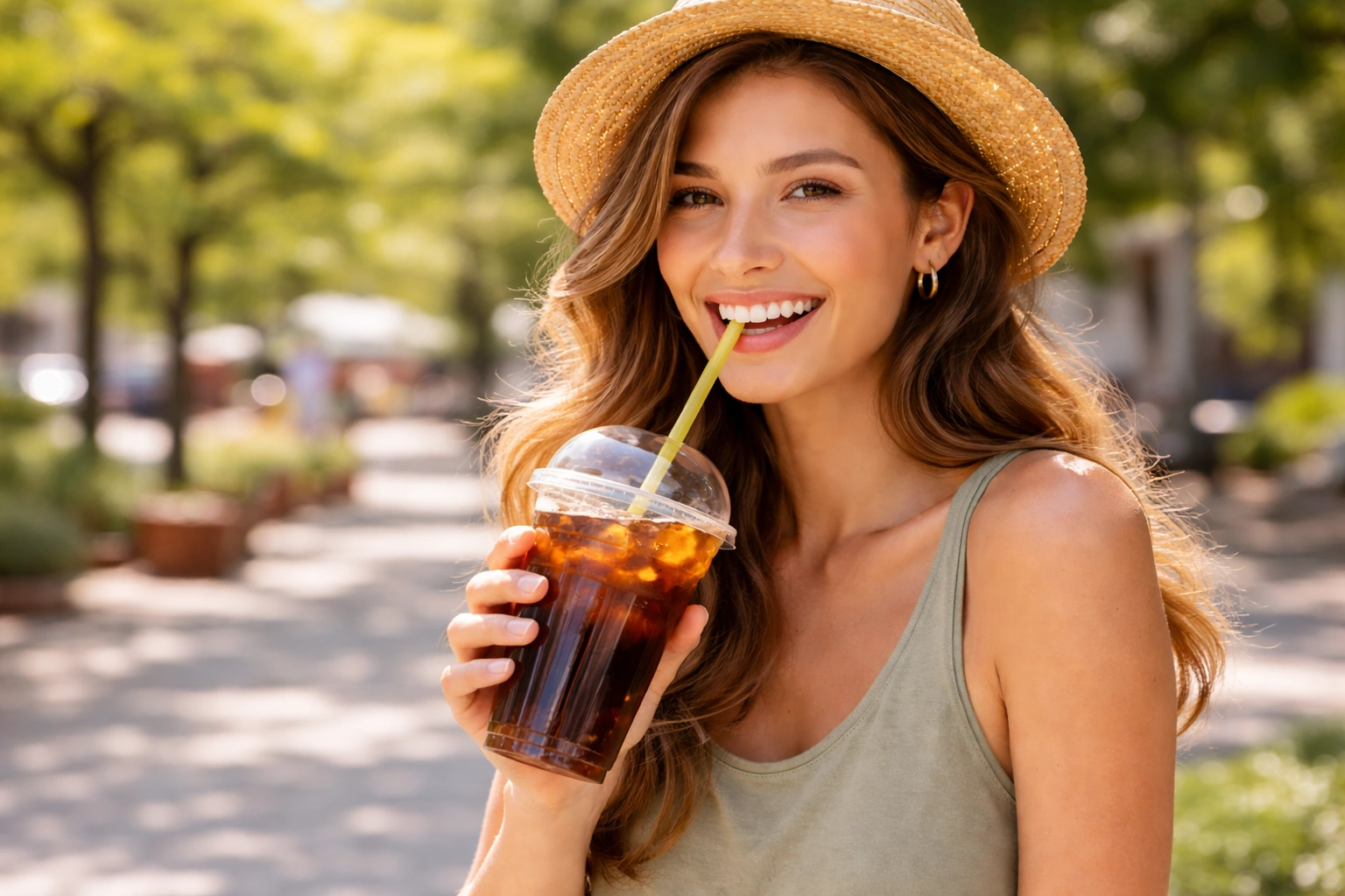 Frau genießt im Sommer einen Soft Drink aus Plastikbecher