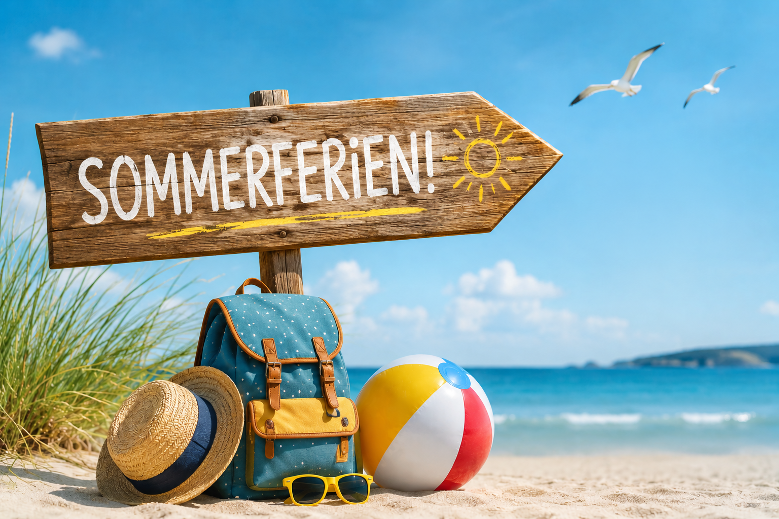 Ein Schild mit der Aufschrift "Sommerferien" am Strand
