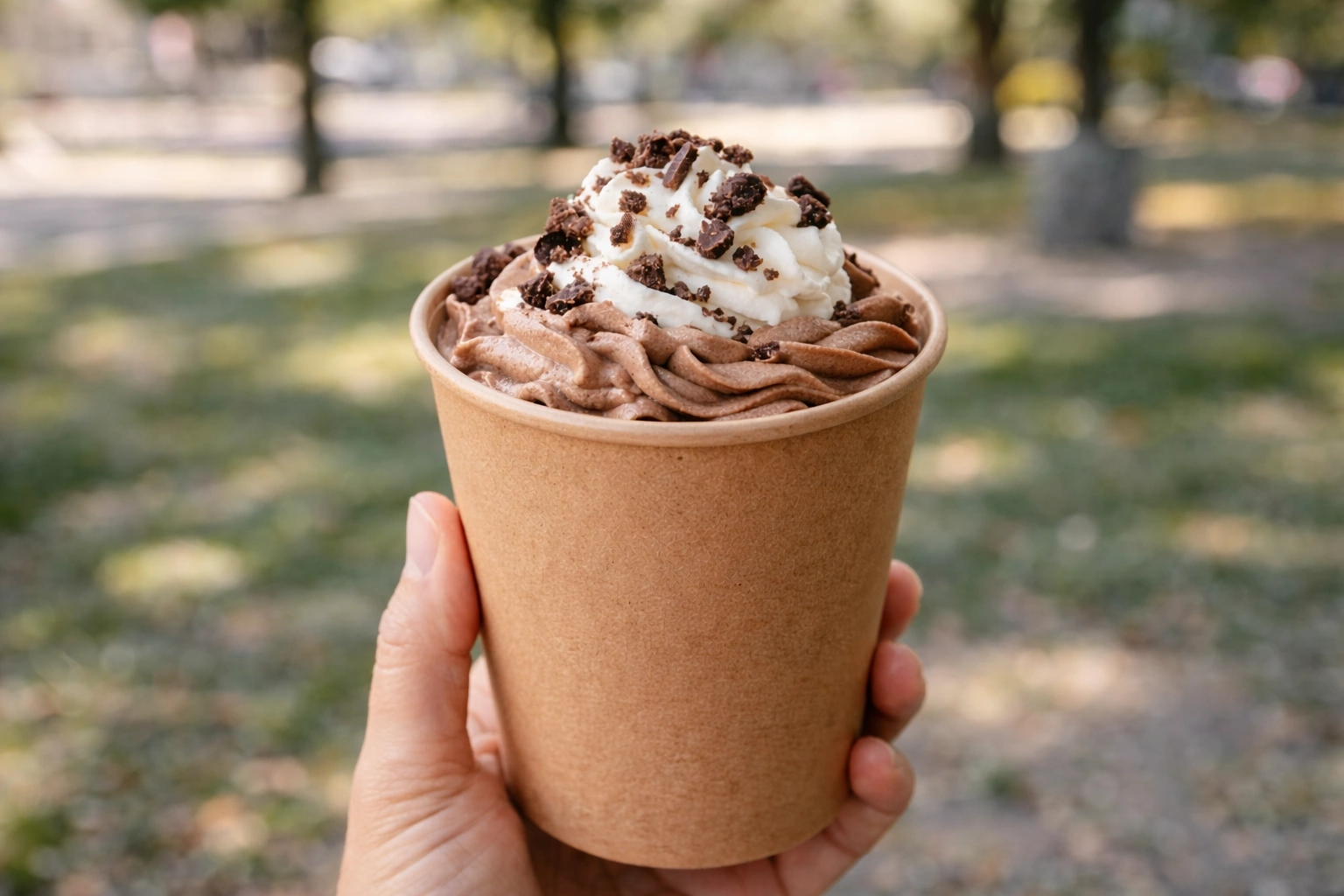 Mousse mit Sahne in einem To-Go-Becher